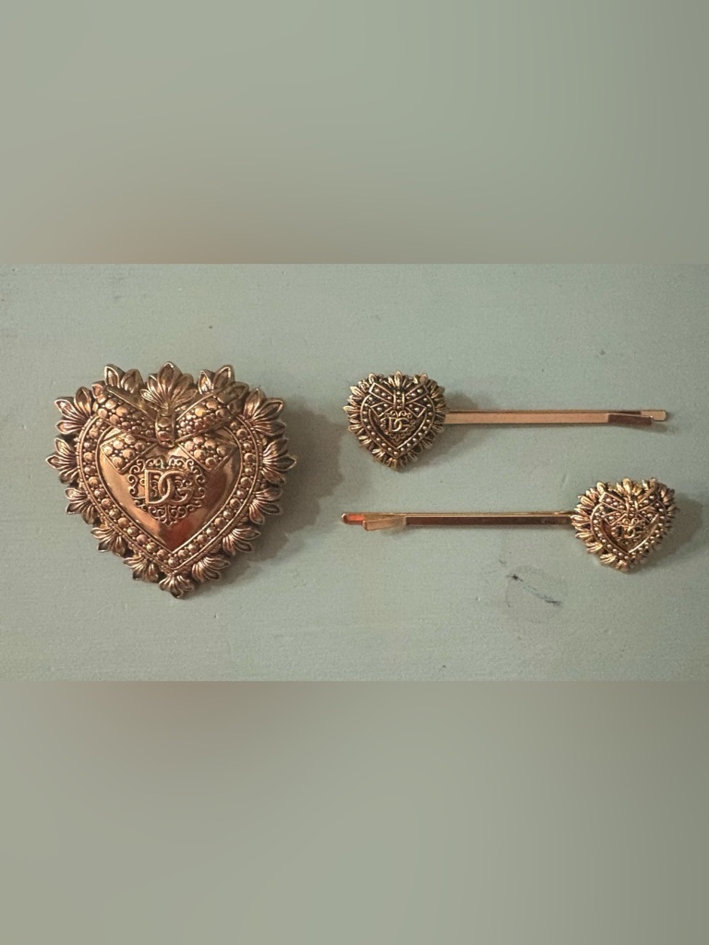 Gold Heart Filigree Brooch and Hair Pin Set